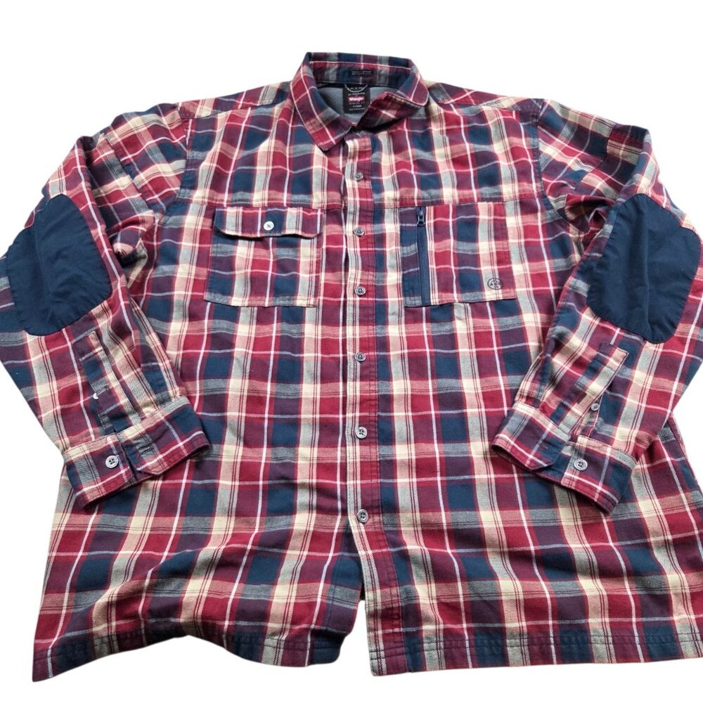 Wrangler ATG Shirt Mens XL Flannel Long Sleeve Plaid Cotton Button Up Patches - Picture 1 of 7
